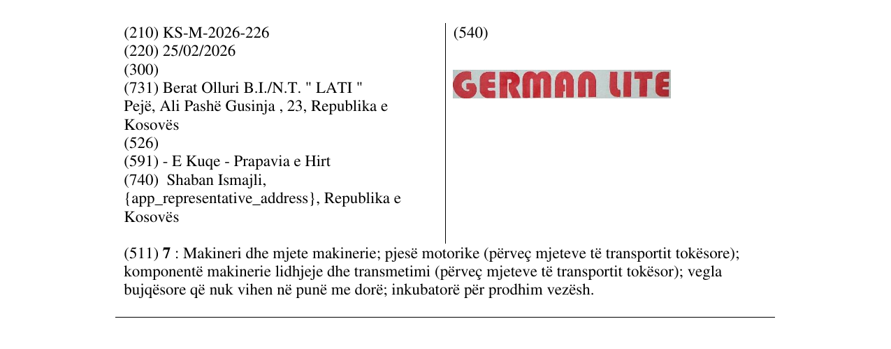 Zëri i markës KS/M/2026/226 në buletin