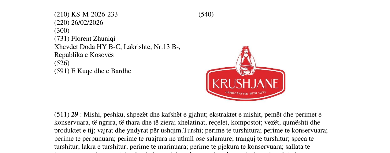 Zëri i markës KS/M/2026/233 në buletin