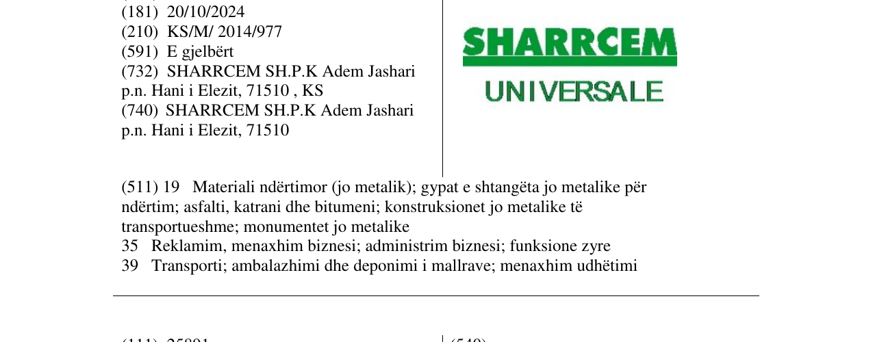 Zëri i markës SHARRCEM UNIVERSAL në buletin