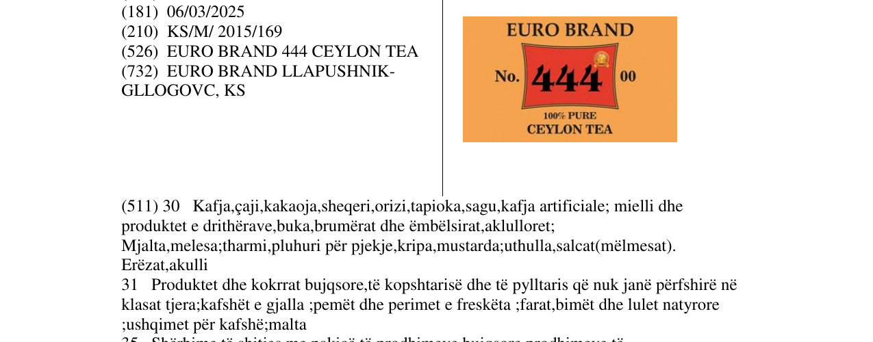Zëri i markës EURO BRAND 444 CEYLON TEA në buletin