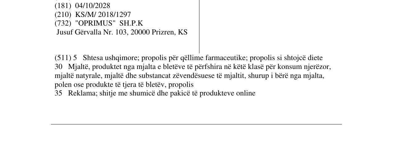 Zëri i markës Premium King Honey në buletin