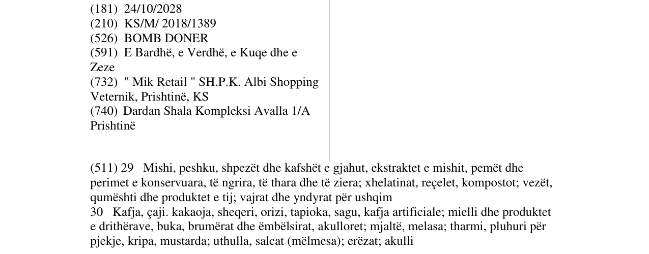 Zëri i markës BOMB DONER në buletin