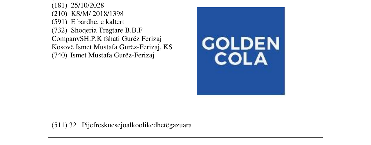 Zëri i markës GOLDEN COLA në buletin