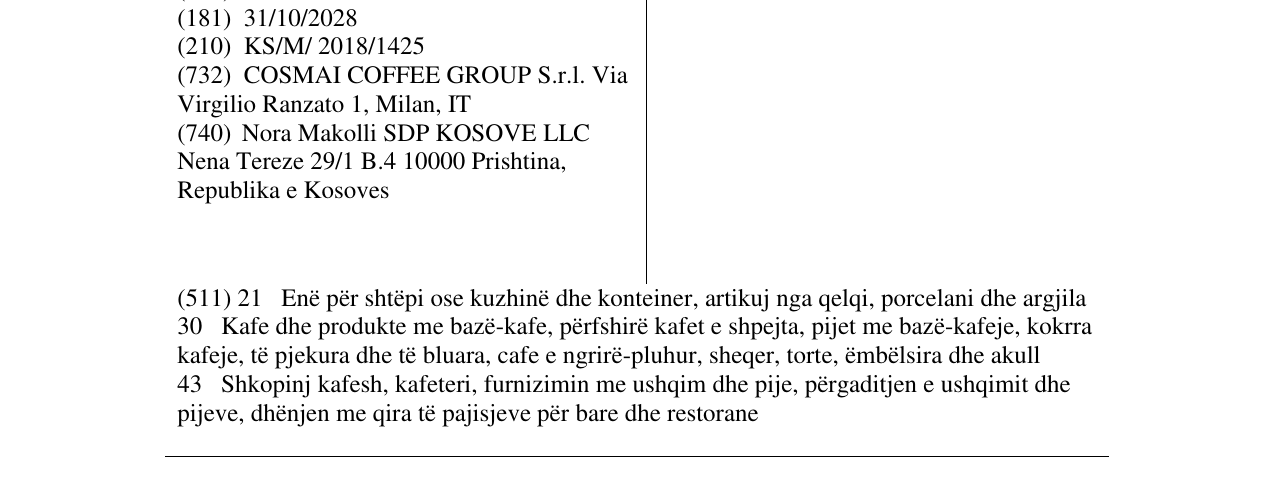 Zëri i markës COSMAI CAFFE’ në buletin