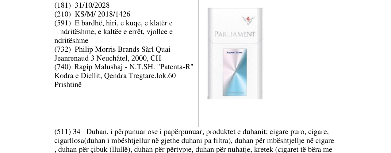 Zëri i markës PARLIAMENT në buletin