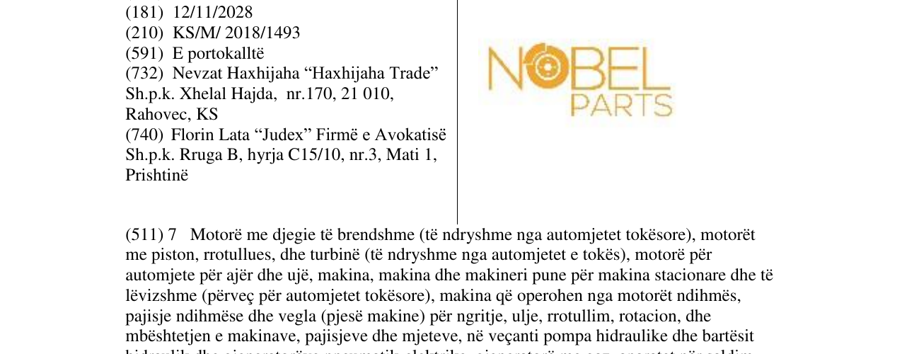 Zëri i markës NOBEL PARTS në buletin