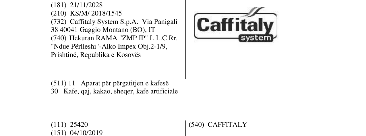 Zëri i markës Caffitaly system në buletin
