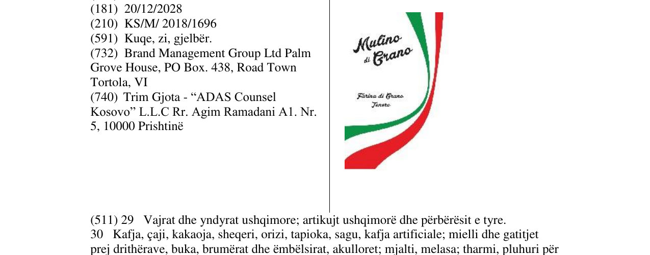 Zëri i markës Mulino di Grano në buletin