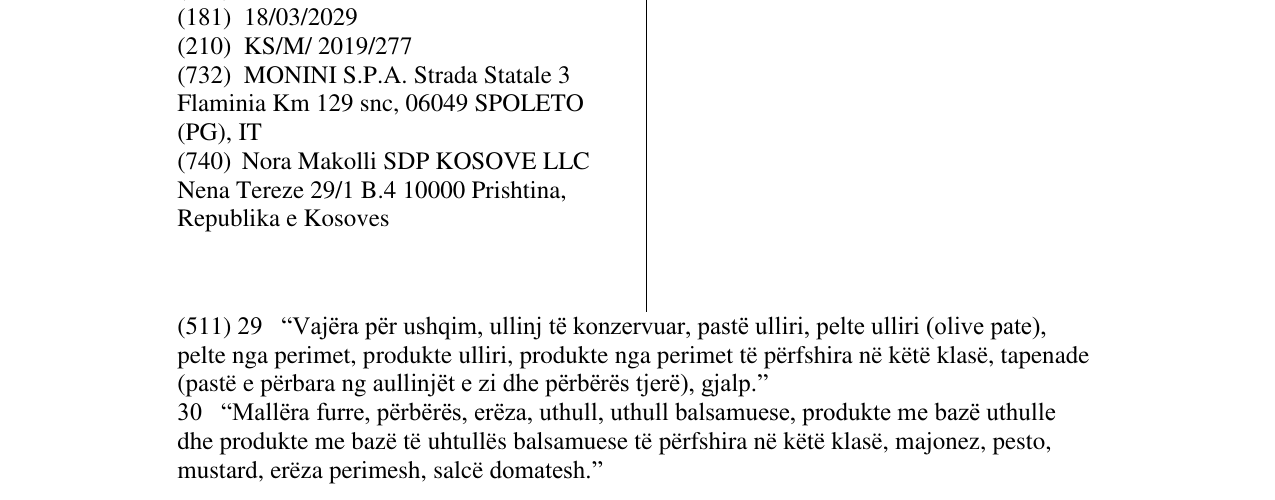 Zëri i markës MONINI në buletin