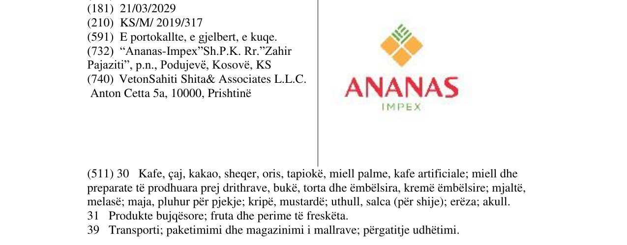Zëri i markës ANANAS IMPEX në buletin