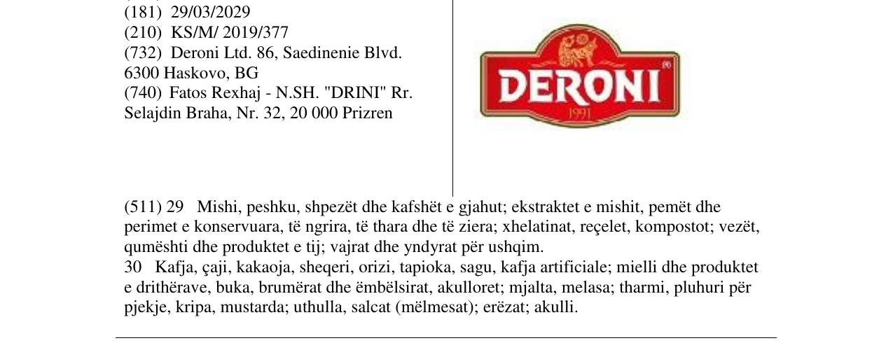 Zëri i markës DERONI në buletin