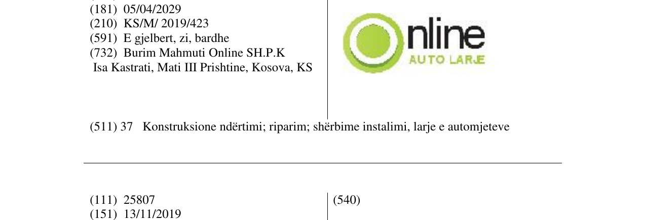 The entry of the trademark online AUTO LARJE in the bulletin