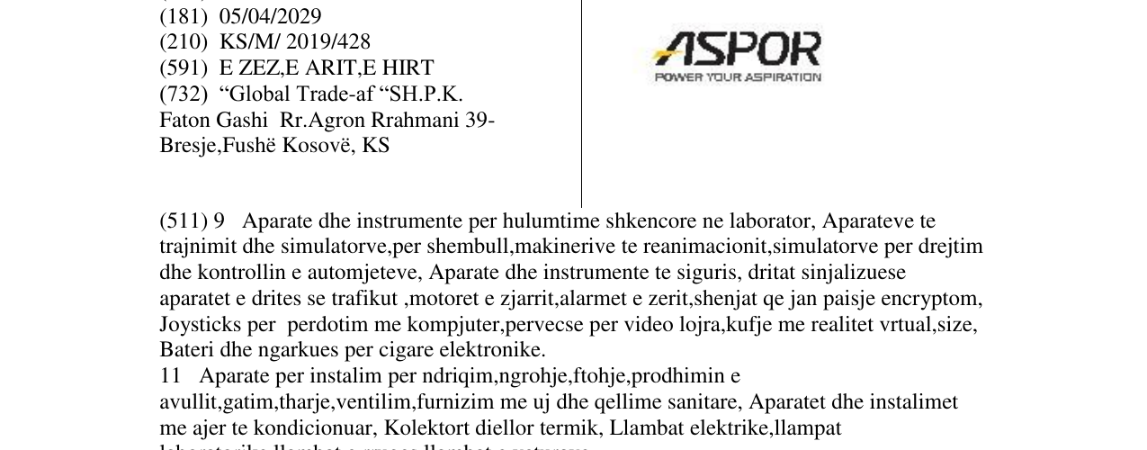 Zëri i markës ASPOR POWER YOUR AASPIRATION në buletin