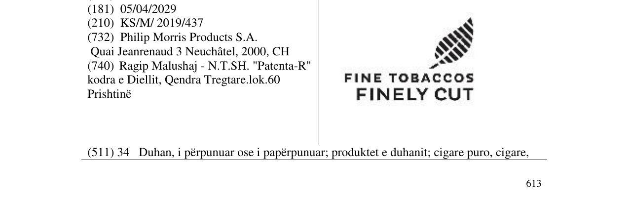 Zëri i markës FINE TOBACCOS FINELY CUT në buletin