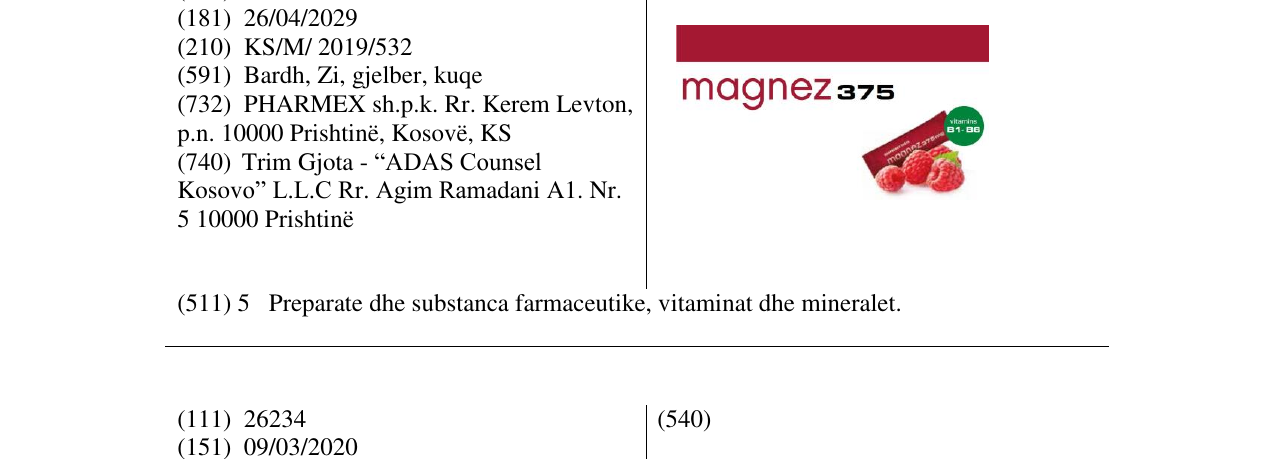 Zëri i markës magnez375 në buletin