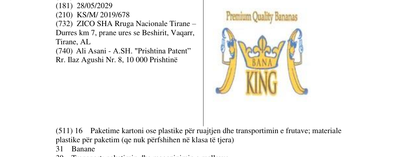 Zëri i markës BANA KING në buletin