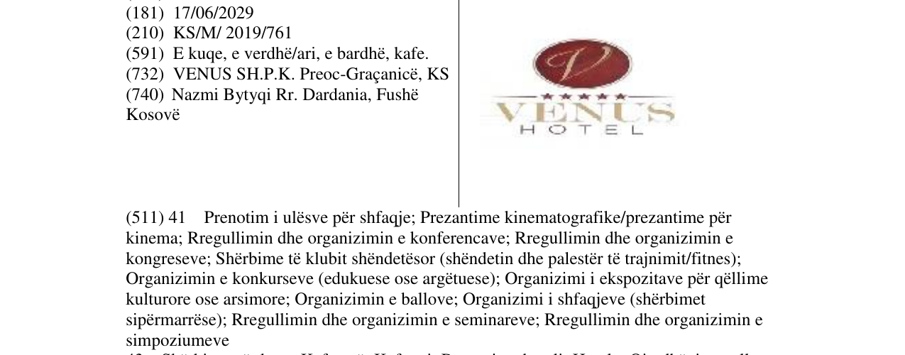 Zëri i markës VENUS HOTEL në buletin