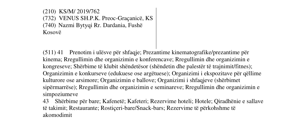 Zëri i markës VENUS HOTEL në buletin