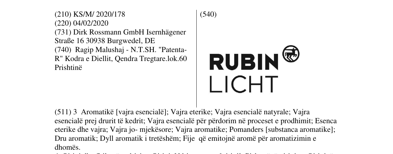 Zëri i markës RUBIN LICHT në buletin