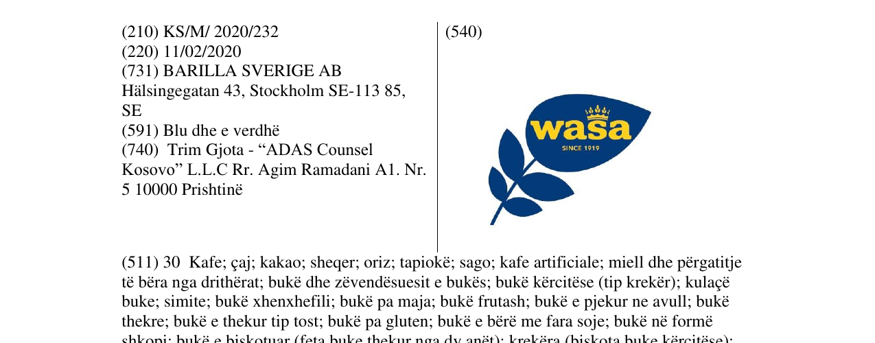 Zëri i markës wasa SINCE 1919 në buletin