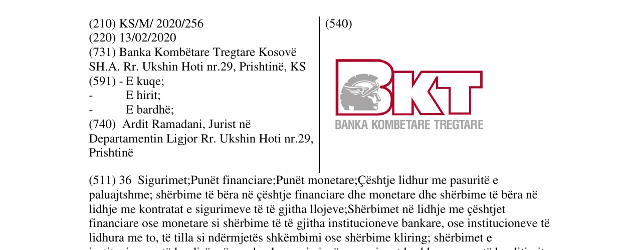 Zëri i markës BKT BANKA KOMBETARE TREGTARE në buletin