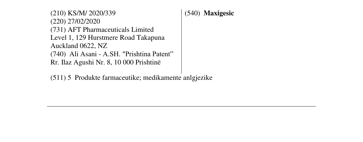 Zëri i markës Maxigesic në buletin