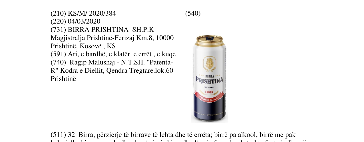 Zëri i markës BIRRA PRISHTINA në buletin