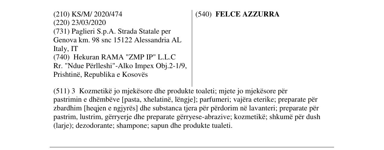 Zëri i markës FELCE AZZURRA në buletin