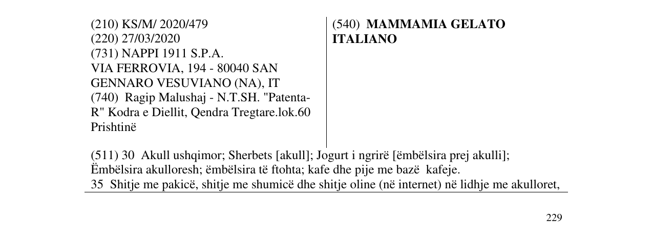Zëri i markës MAMMAMIA GELATO ITALIANO në buletin
