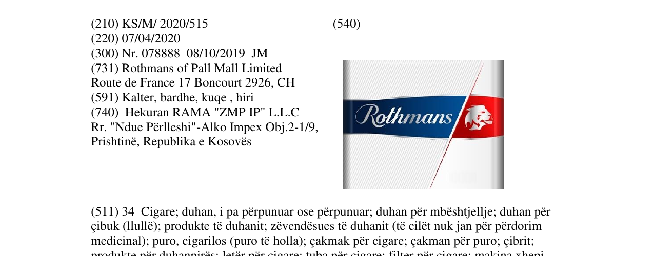 Zëri i markës ROTHMANS në buletin