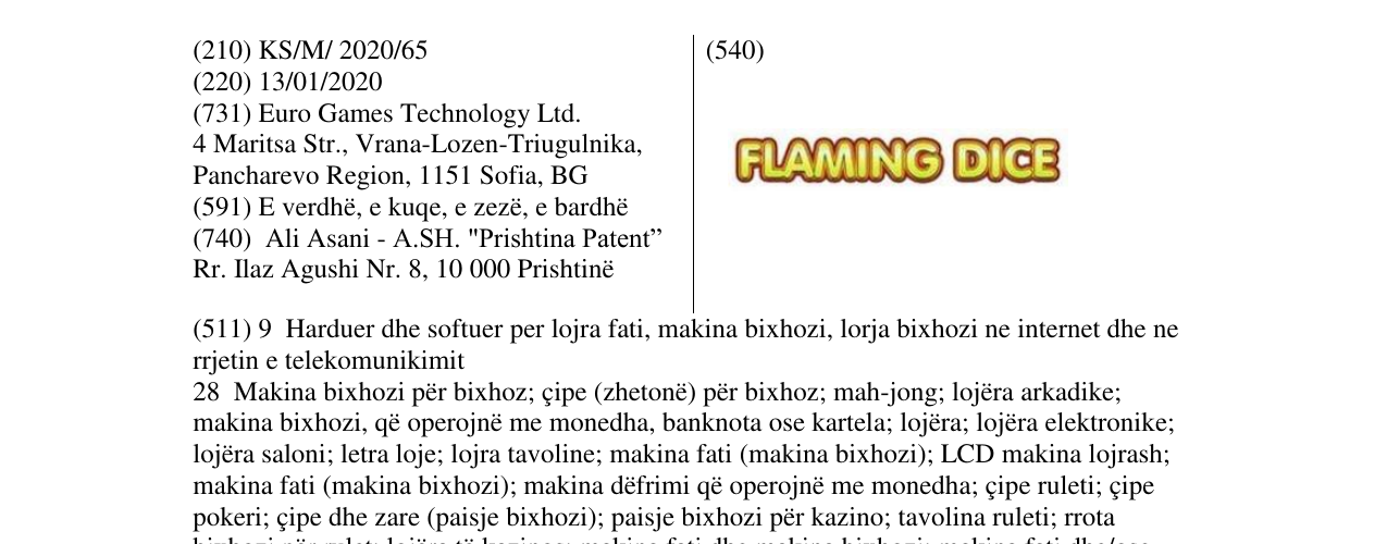 Zëri i markës FLAMING DICE në buletin