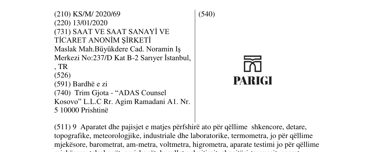 Zëri i markës PARIGI në buletin