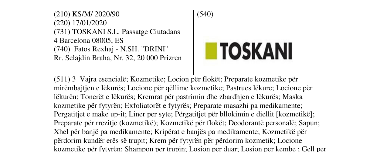 Zëri i markës TOSKANI në buletin