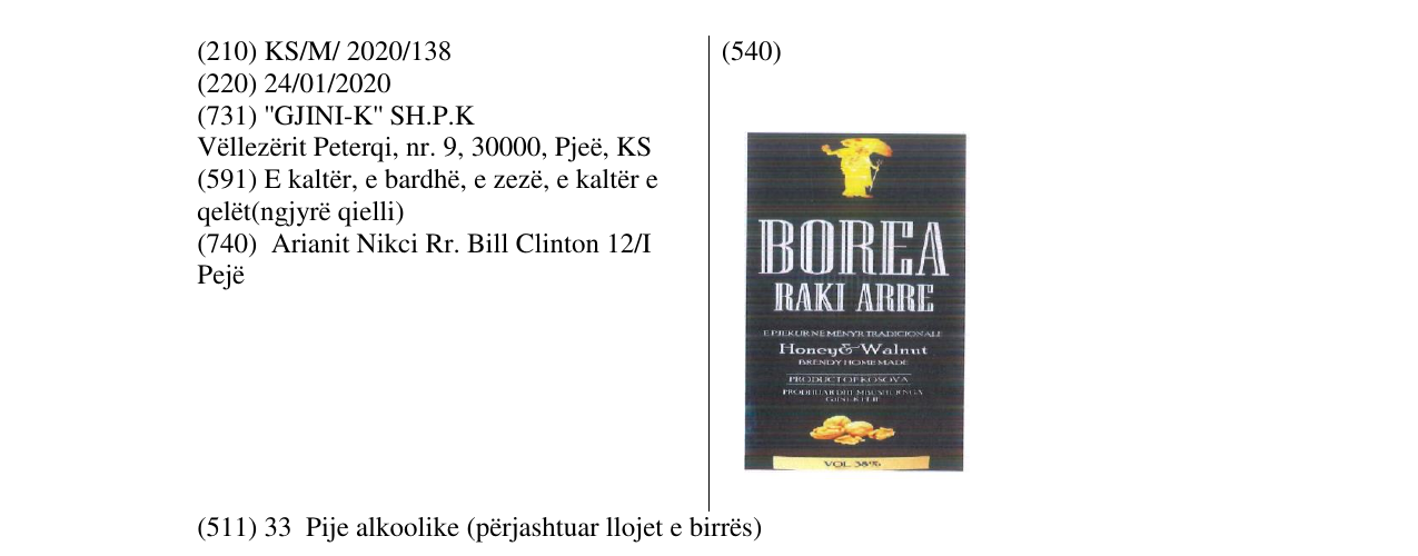 Zëri i markës BOREA RAKI ARRE në buletin