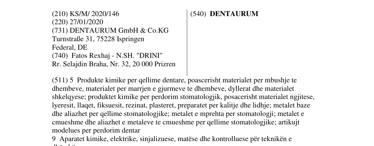 Zëri i markës DENTAURUM në buletin