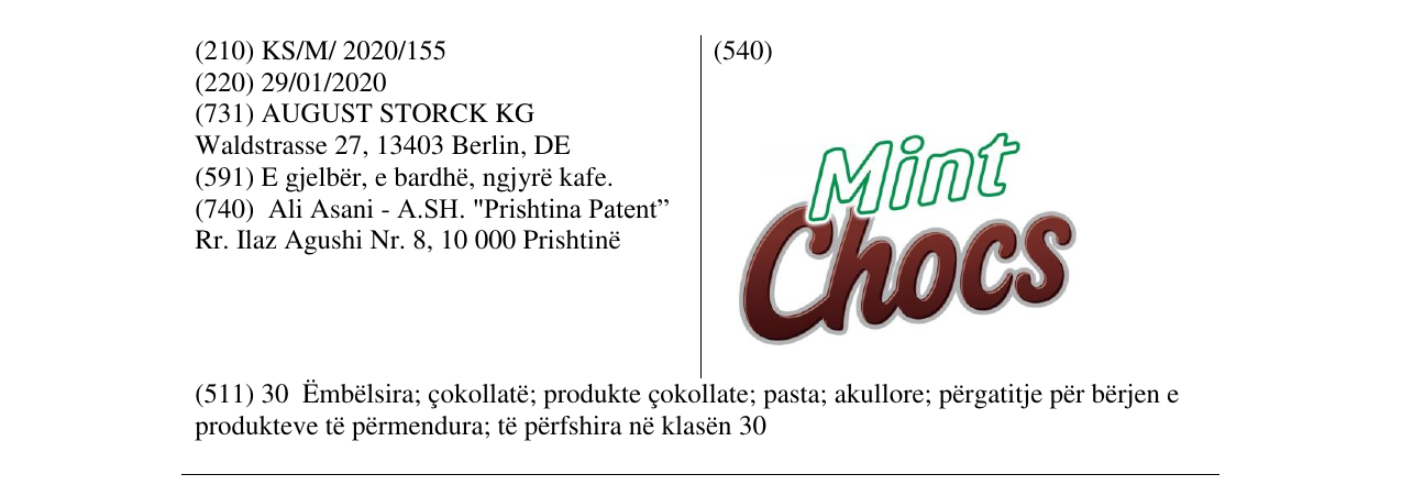 Zëri i markës Mint Chocs në buletin