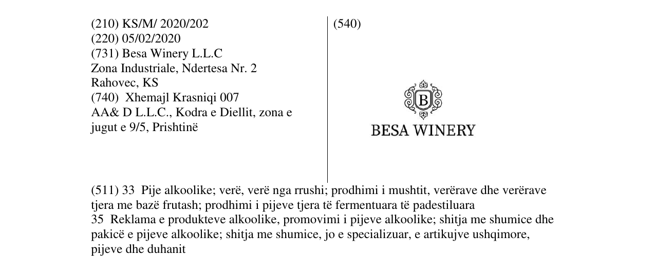 Zëri i markës BESA WINERY në buletin