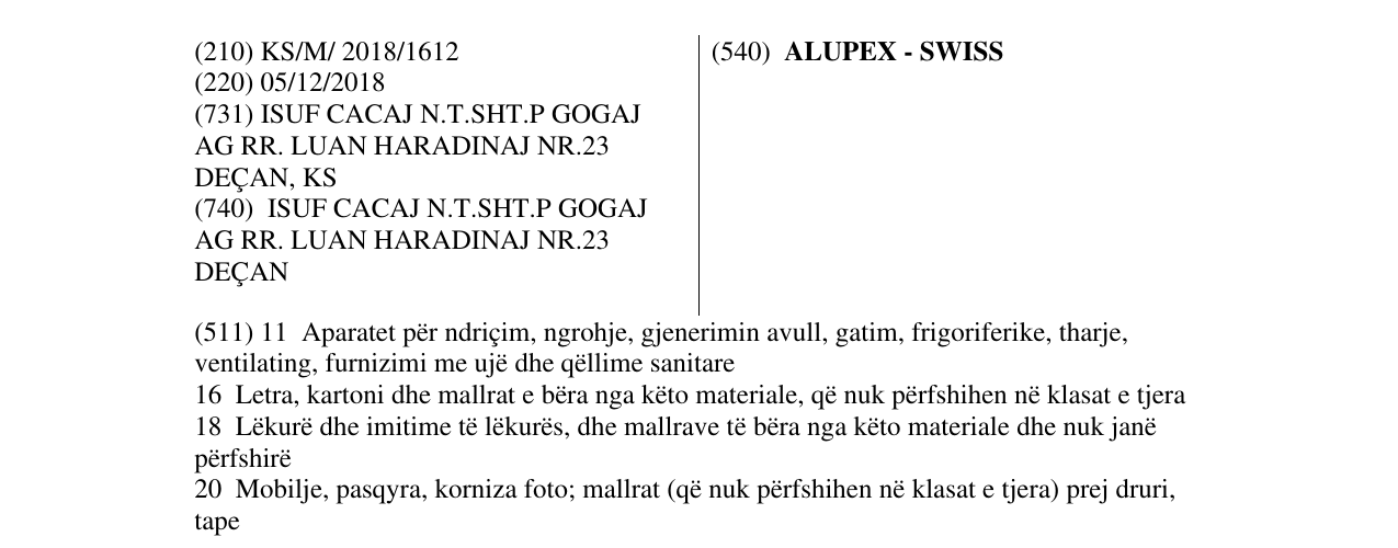 Zëri i markës ALUPEX - SWISS në buletin