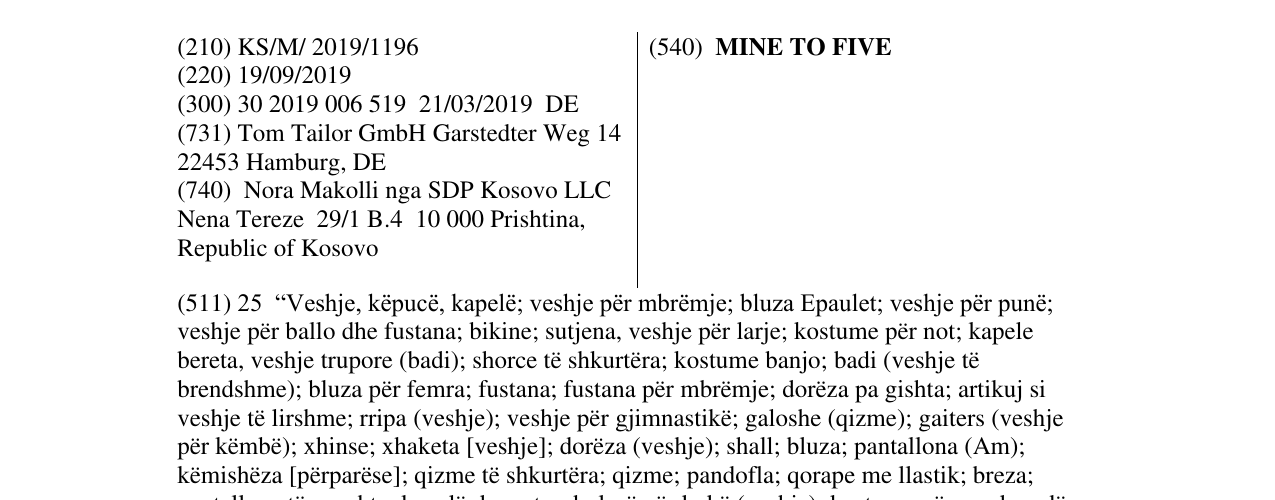 Zëri i markës MINE TO FIVE në buletin