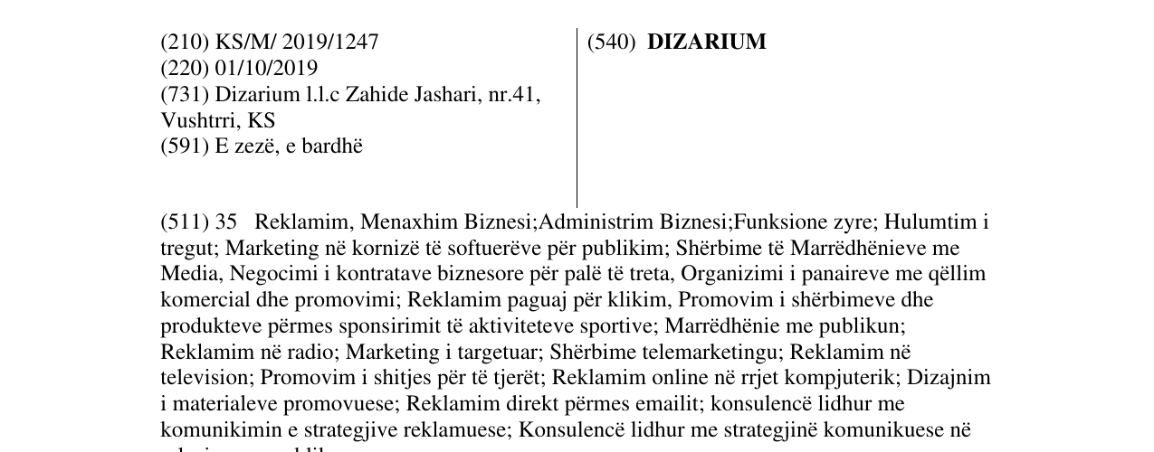 Zëri i markës DIZARIUM në buletin