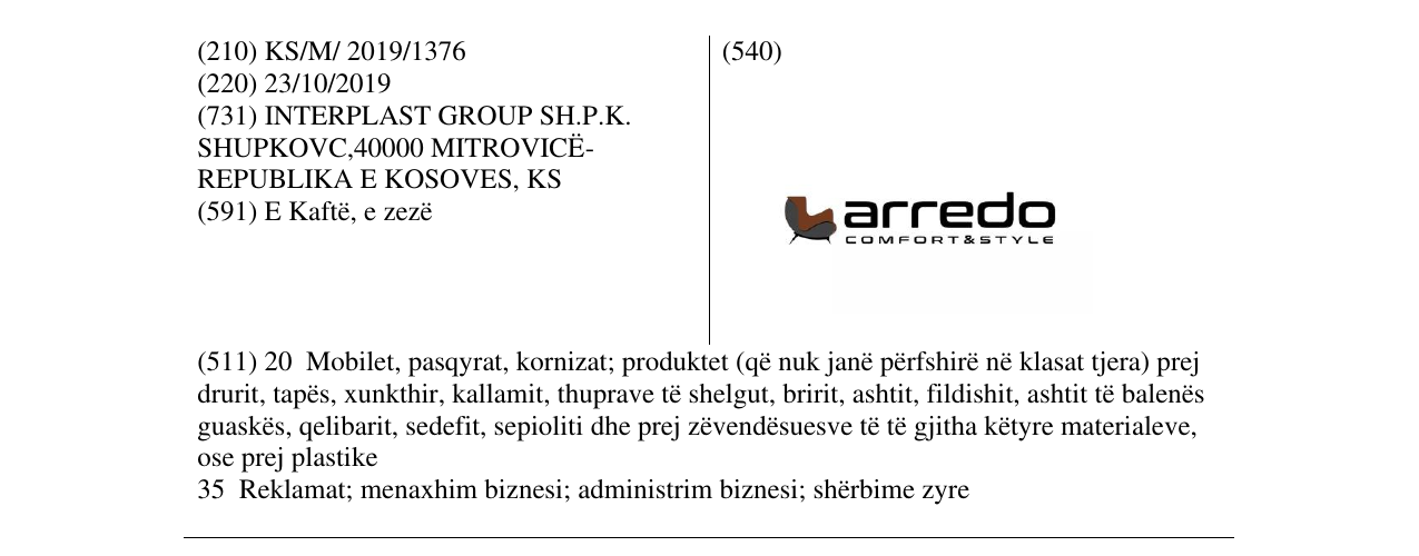Der Eintrag der Marke arredo im Bulletin