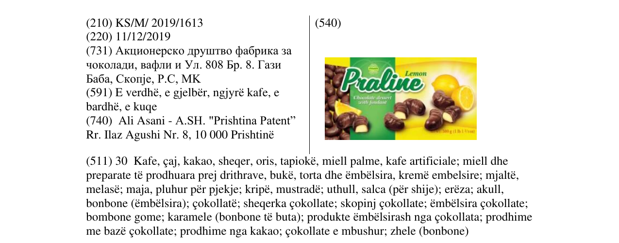 Zëri i markës Lemon Praline në buletin
