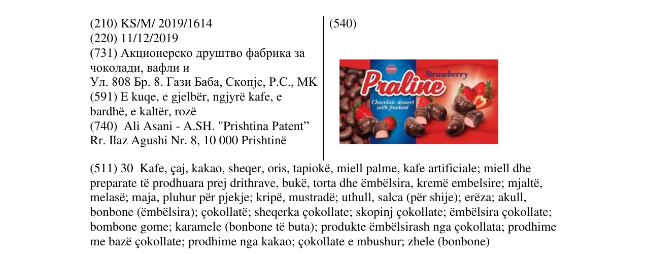 Zëri i markës Praline në buletin