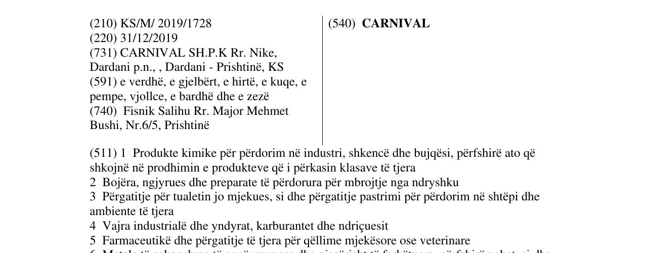 Zëri i markës CARNIVAL në buletin