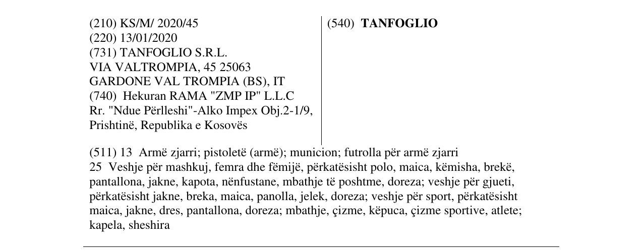 Zëri i markës TANFOGLIO në buletin