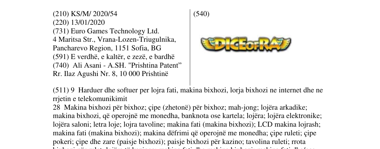 Zëri i markës DICE OF RA në buletin