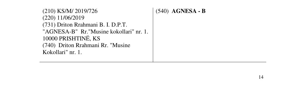 Zëri i markës AGNESA - B në buletin