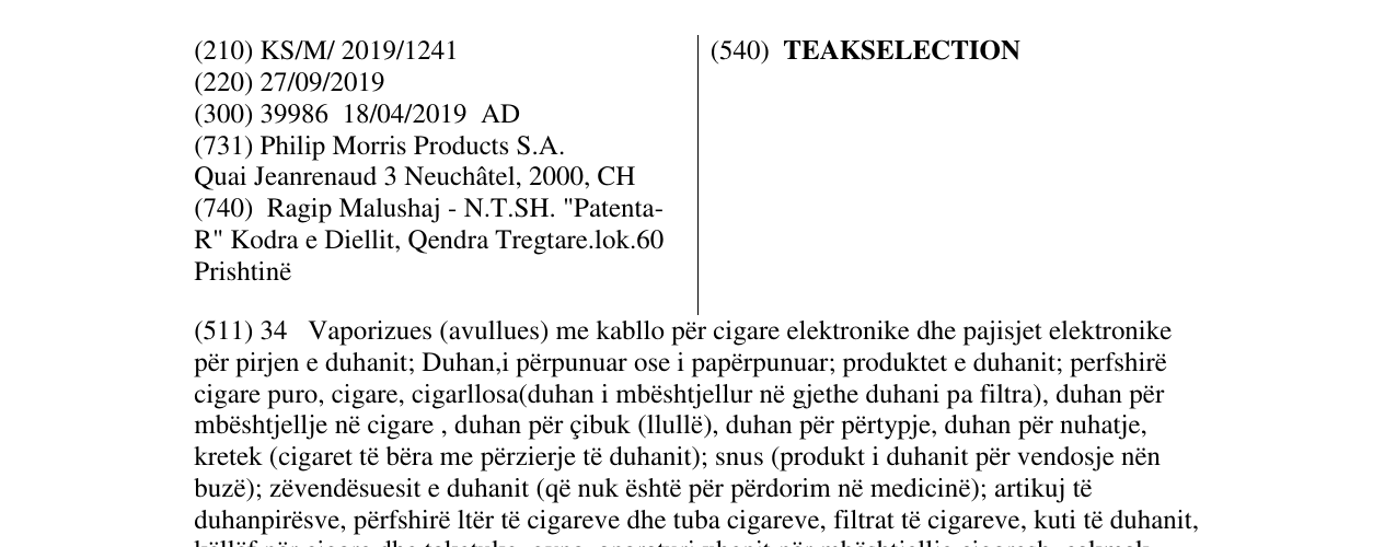 Zëri i markës TEAKSELECTION në buletin