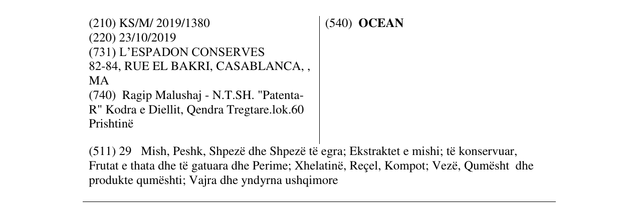 Der Eintrag der Marke OCEAN im Bulletin