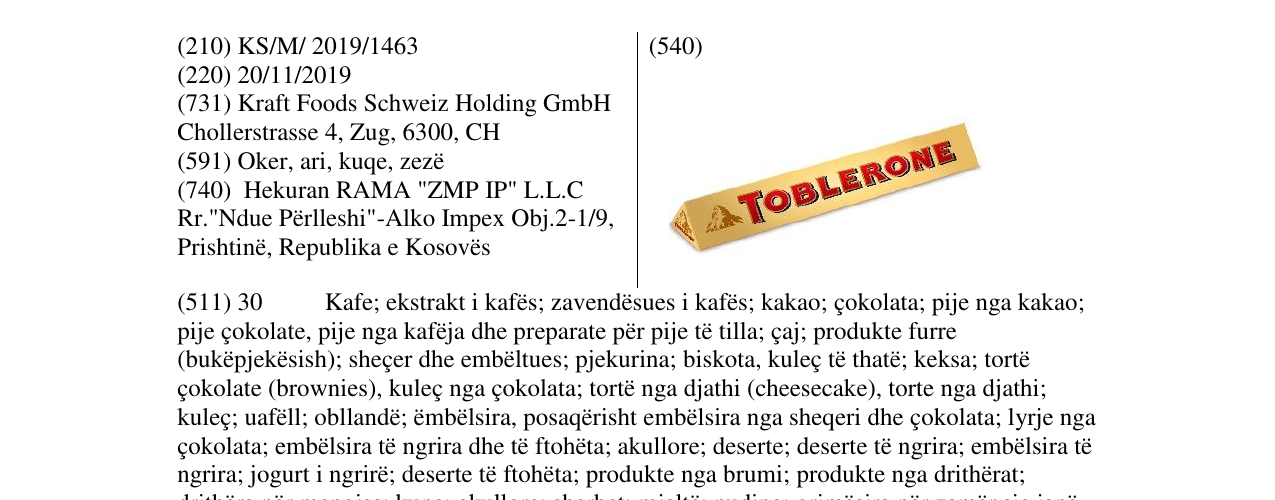 Zëri i markës TOBLERONE në buletin